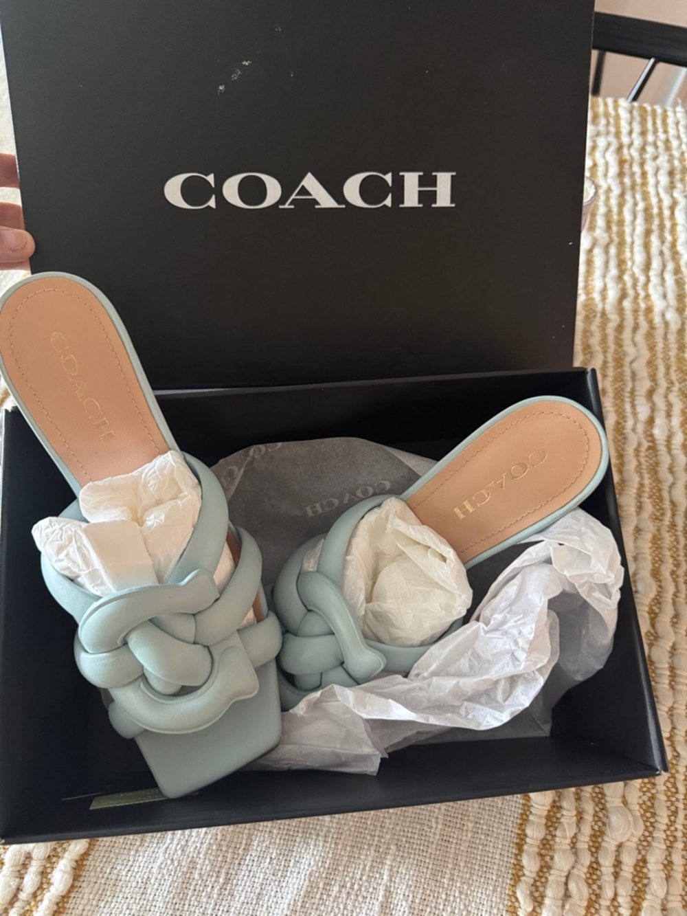 COACH Women's Pale Blue Knotted Leather Slide heel sandal with org box - Picture 7 of 10